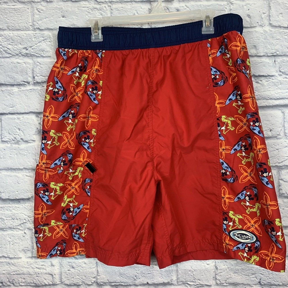 Disney Mickey Mouse Mens Red Swim Surf‎ Board Trunks Elastic Shorts Size Large L